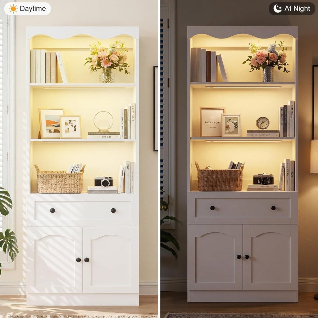 Cyclysio 80" Tall Pantry Cabinet with Motion Sensor LED Lights, Kitchen Storage Cabinet for Coffee Bar and Dining Room, Tall Bookshelf with 3.15" Baseboard Cutout, Drawer and Cupboard, White