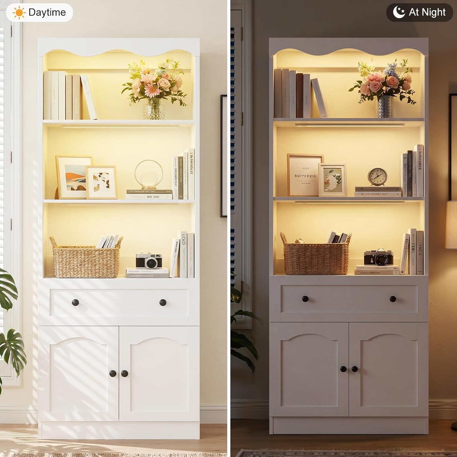 Cyclysio 80" Tall Pantry Cabinet with Motion Sensor LED Lights, Kitchen Storage Cabinet for Coffee Bar and Dining Room, Tall Bookshelf with 3.15" Baseboard Cutout, Drawer and Cupboard, White