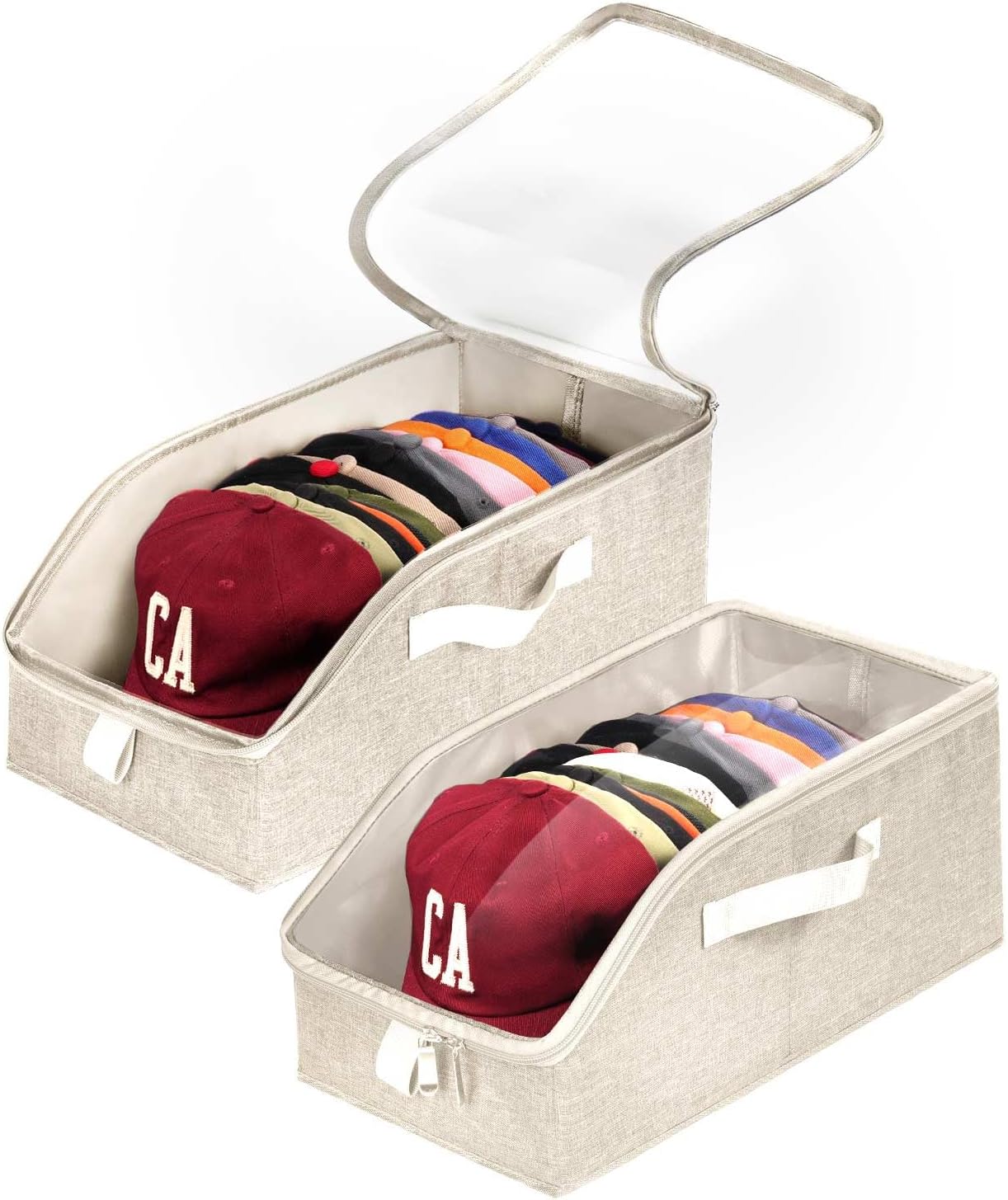 Livelab Hat Organizer for Baseball Caps, Hat Storage Holder Container for Closet Hold Up to 12 Caps with Clear Window, Hat Boxes for Home Storage | 2Pcs Beige