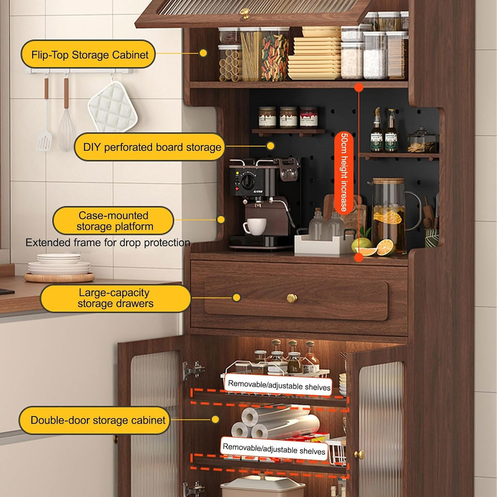 Pantry Cabinet, Kitchen Pantry Storage Cabinet with 3 Doors, Arched Pantry Cabinet, Farmhouse Tall Food Large Wood Pantry Storage Furniture for Kitchen Dining Room(Brown,50cm/19.7in)