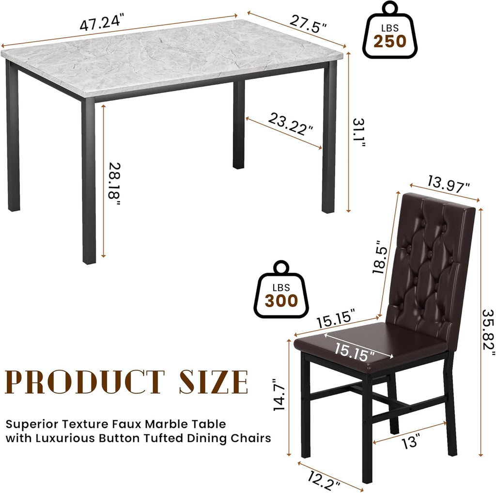 Hooseng Dining Table Set for 4, Faux Marble Small Kitchen Table Chairs Set of 4 with Luxurious Button Tufted Dinner Chairs for Kitchen and Dining(Brown)