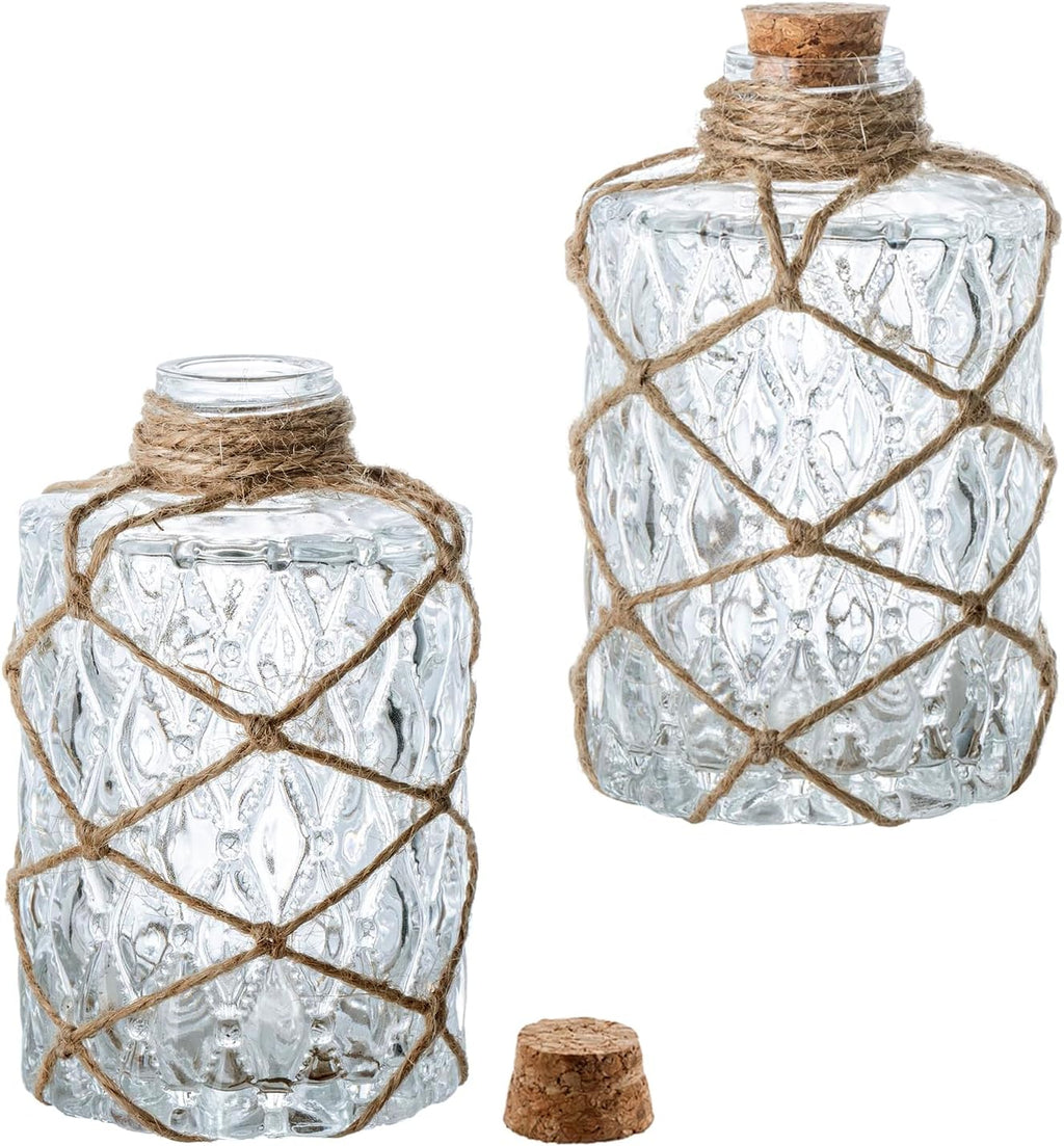 MyGift Set of 2 Rustic Embossed Glass Bud Vases with Cork Lids and Hand-Woven Hemp Rope – Apothecary Style Decorative Bottles for Farmhouse, Vintage, or Boho Home Decor
