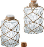 MyGift Set of 2 Rustic Embossed Glass Bud Vases with Cork Lids and Hand-Woven Hemp Rope – Apothecary Style Decorative Bottles for Farmhouse, Vintage, or Boho Home Decor