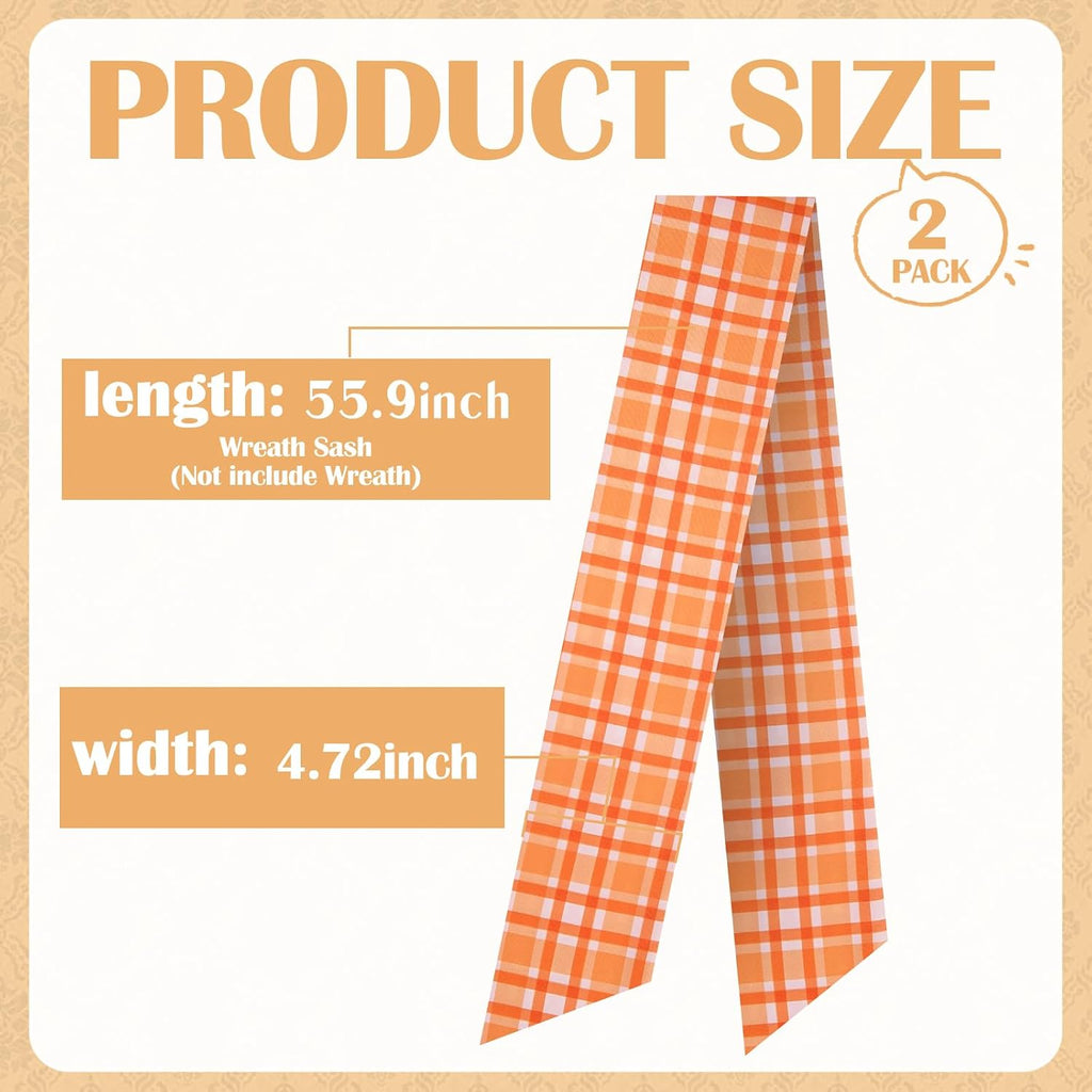 Orange Fall Wreath Sash for Front Door Farmhouse Thanksgiving | 2 Pcs, Plaid, 60 Inch, DIY Embroidery, Autumn