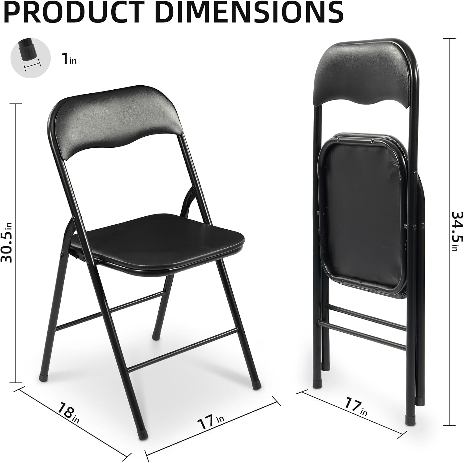 Elevon Folding Chairs 2 Pack, Padded Vinyl Cushion Chairs with Sturdy Metal Frame for for Home and Office, for Indoor and Outdoor Events, 300lb Capacity, Black