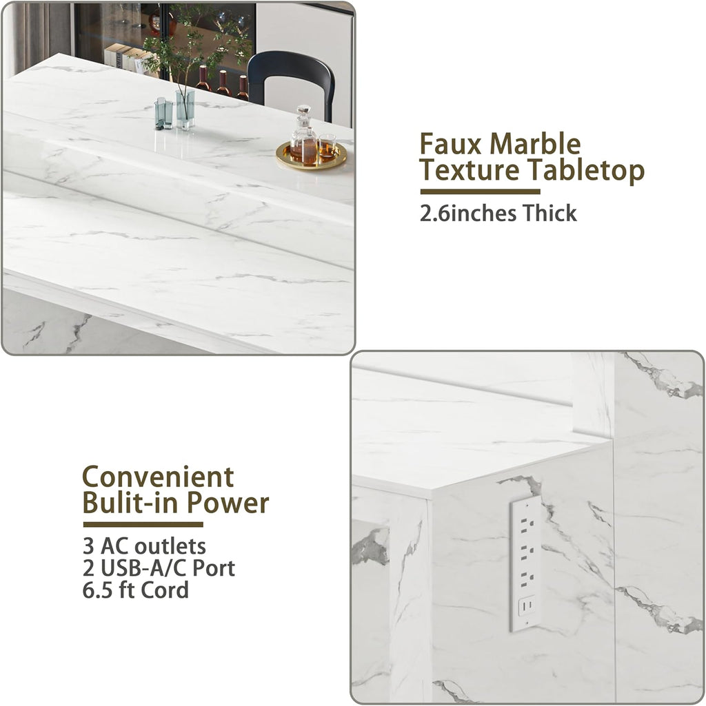 71" Large Faux Marble Dining Table with LED Lights, Modern Rectangle Kitchen Island Table with Charging Station for 6 People, Home Bar Unit with 2-Tier Shelf for Dining Room, Bar, Living Room, White