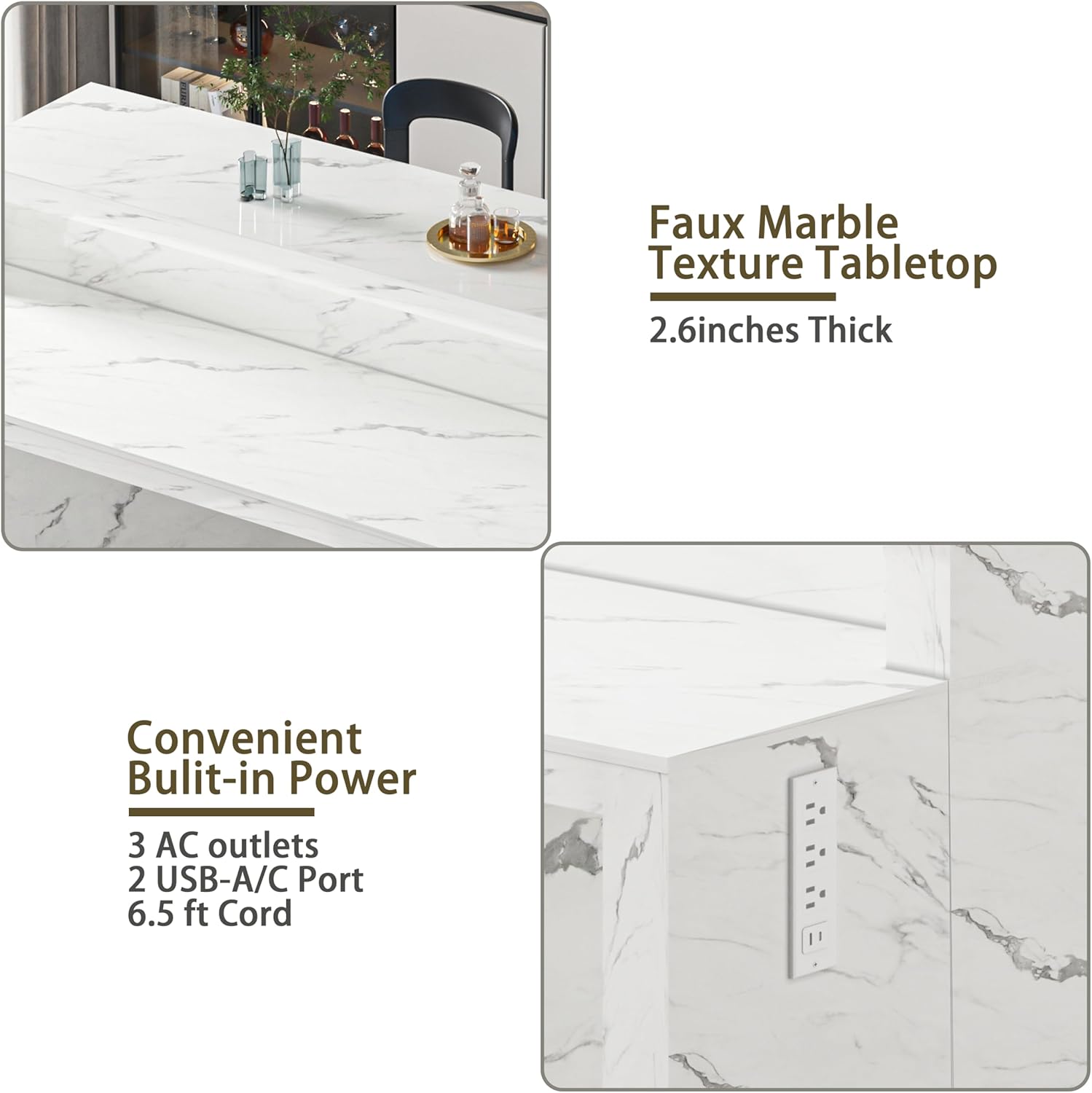 71" Large Faux Marble Dining Table with LED Lights, Modern Rectangle Kitchen Island Table with Charging Station for 6 People, Home Bar Unit with 2-Tier Shelf for Dining Room, Bar, Living Room, White