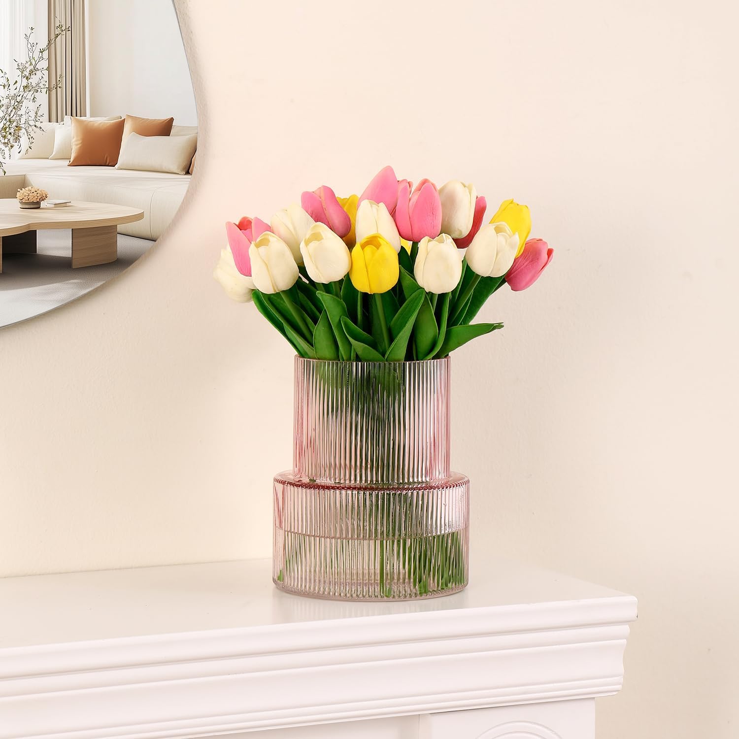 Pink Glass Vase, Ribbed Glass Vase for Tulips, Flower Vases for Bouquet, Pink Modern Vases for Living Room, Dining Table, Entryway, Mantle, Shelf, Wedding, Office, 7.5 Inches