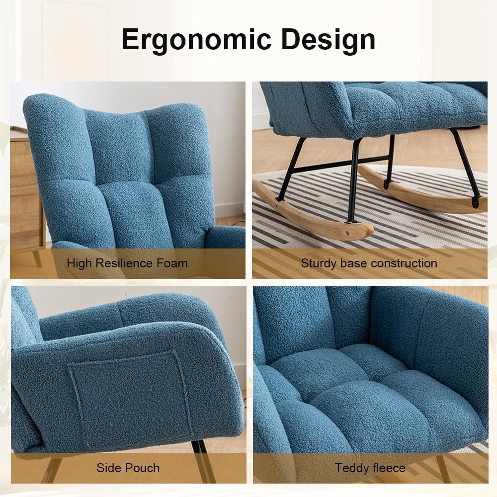 Rocking Chair Nursery, Teddy Upholstered Glider Rocker with High Backrest, Reading Chair Modern Rocking Accent Chairs Glider Recliner for Living Room, Nursery, Bedroom,Blue, W1372120796