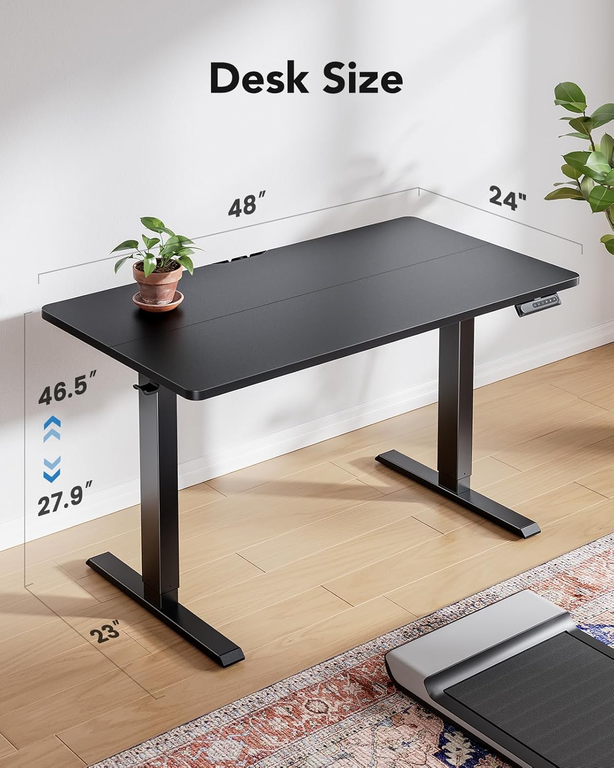 HUANUO 48 x 24 Inch Electric Standing Desk, Height Adjustable Computer Gaming Desk with 4 Memory Presets, Home Office Sit Stand Desk with Hooks & Cable Management, Black