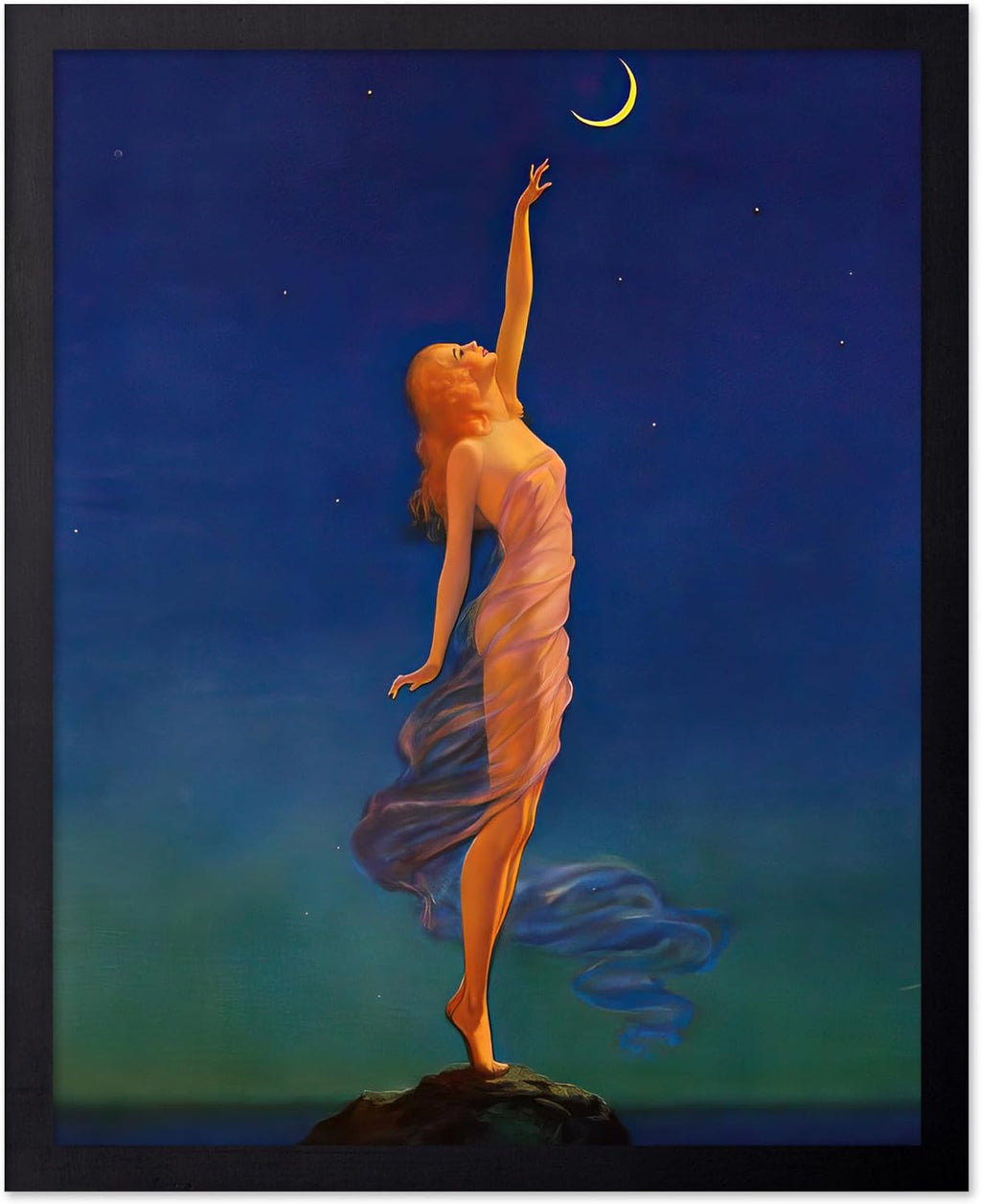 Poster Master Classic Poster - Vintage Deco Print - Gift for Artist, Friend - Reaching For The Moon, Woman - Wall Decor for Home, Living Room, Bedroom, Office, 8x10 Black Framed