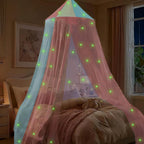 Princess Rainbow Bed Canopy for Girls with Glow-in-the-Dark Stars, Colorful Canopy Net Fits Most Single, Twin, Full and Queen Size Bed, Bedroom Accessories