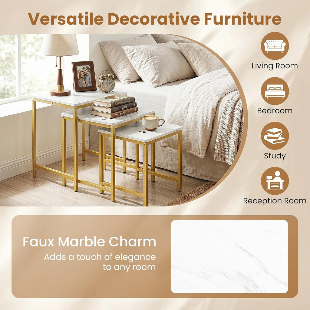 Giantex Nesting Coffee Table Set of 3, Small Center Tables, White | Faux Marble Coffee Table with Metal Frame, Space-Saving Stacking End Table for Small Space