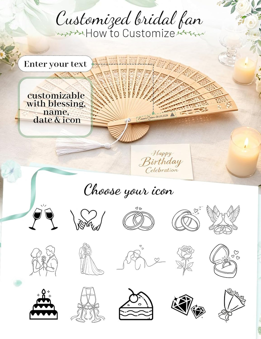 Personalized Fans for Wedding - Handheld Foldable Wooden Fans with Tassels and Organza Bags Custom Wedding Favors for Guests, Eco-Friendly Bulk Bridal Party Gifts (50)