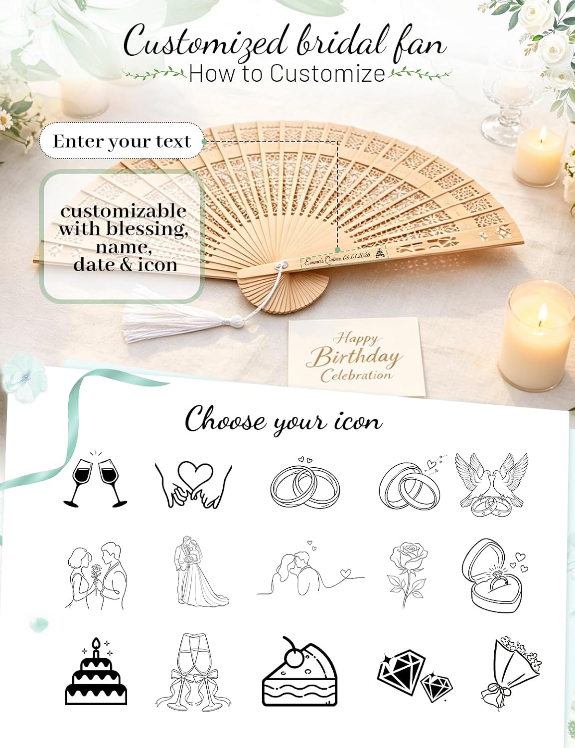 Personalized Fans for Wedding - Handheld Foldable Wooden Fans with Tassels and Organza Bags Custom Wedding Favors for Guests, Eco-Friendly Bulk Bridal Party Gifts (50)