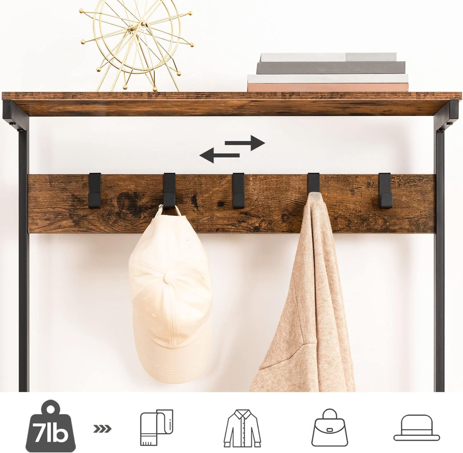 HOOBRO Hall Tree with Bench, Coat Rack with Shoe Storage, Shoe and Coat Rack, 5-Tier Entryway Shoe Storage, 5 Hooks, for 12-16 Pairs, Industrial, Hallway, Foyer, Mudroom, Rustic Brown BF74MT01