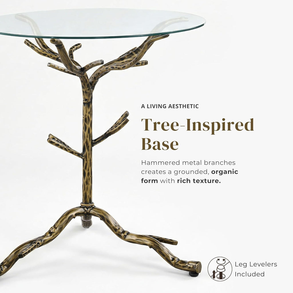 24/7 Shop at Home Lalia Modern Round End Table with Nature-Inspired Branch Base, Tempered Glass Top, Hammered Steel Frame for Living Room, Matte Gold