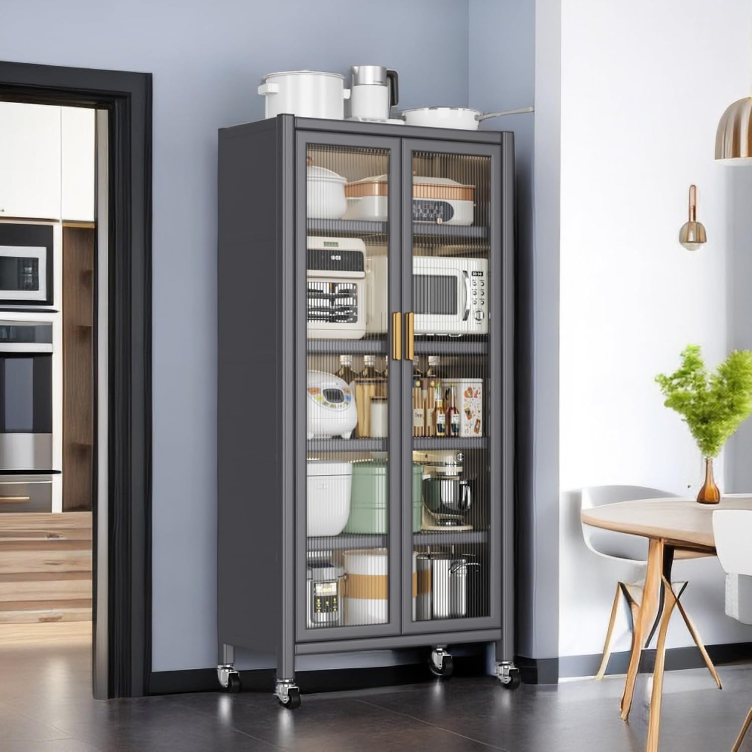 Metal Kitchen Pantry Storage Cabinet on Locking Casters, Double Ribbed Glass Doors, Multi Shelf Organizer for Microwave Appliances, Countertopware, Dining Room, Laundry, Garage (Grey)