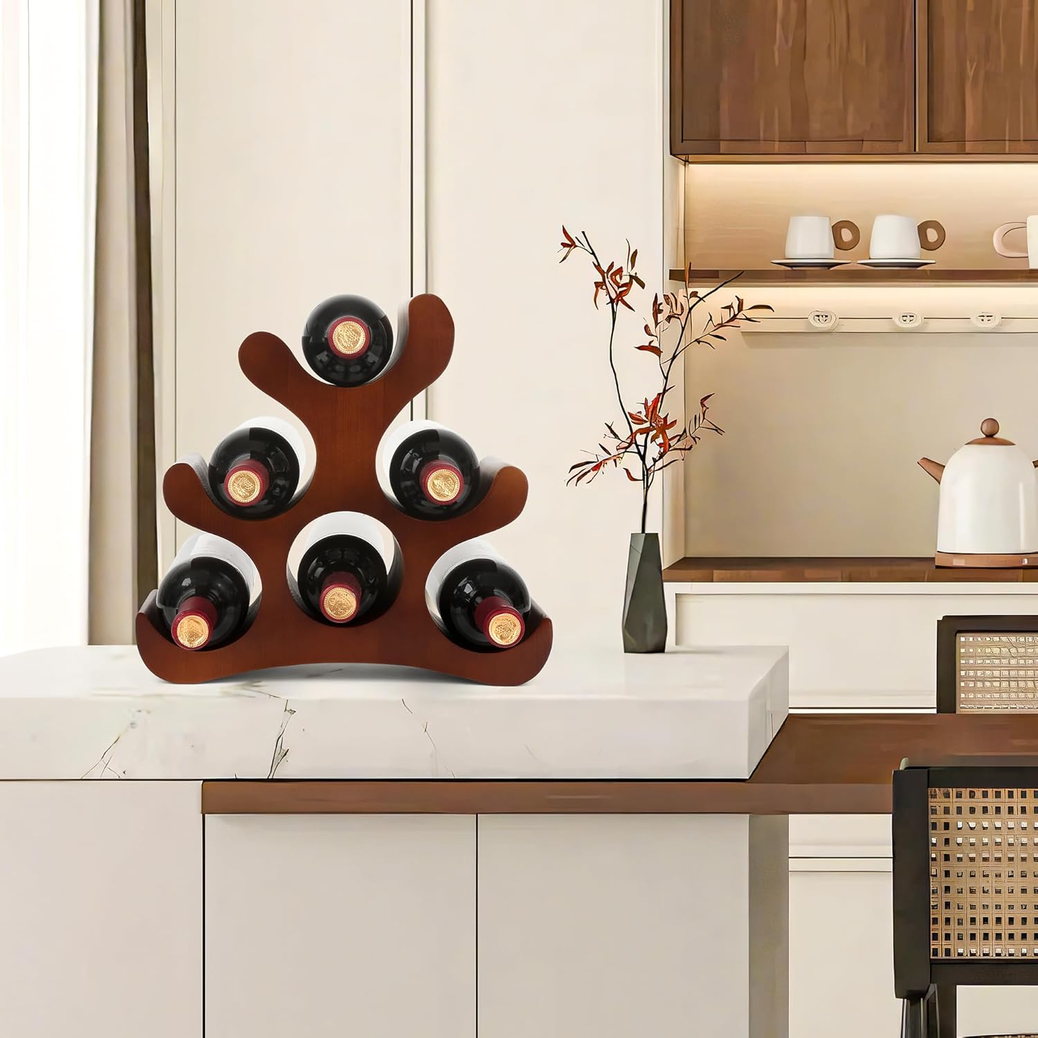 Countertop Wine Rack - 6 Bottle Wooden Wine Rack - Freestanding Wine Bottle Holder Stand - Wine Storage Rack for Cabinet Pantry Bar Kitchen