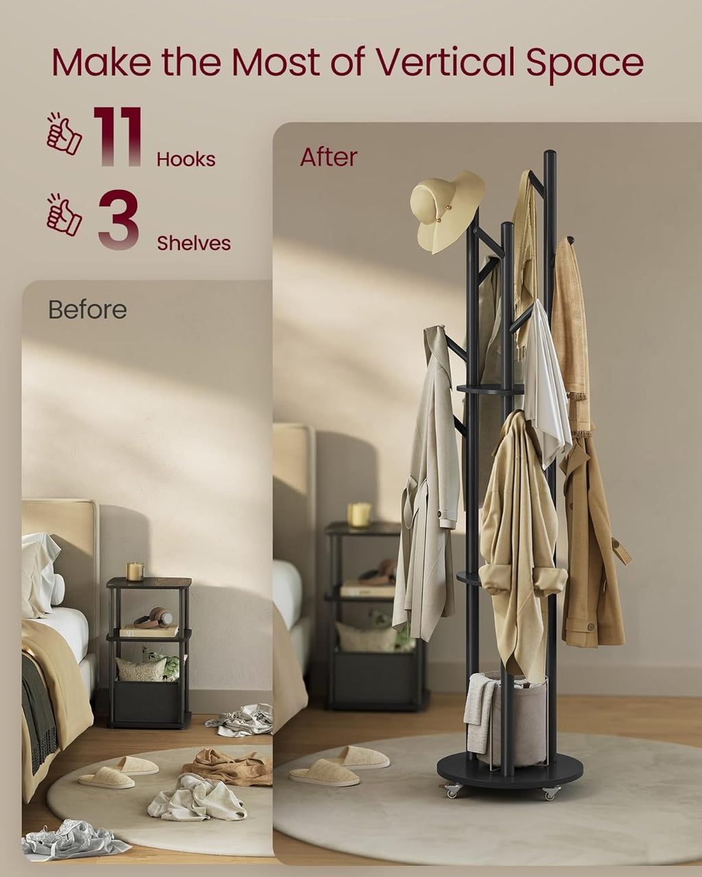 VASAGLE Freestanding Coat Rack Stand, Coat Tree with 11 Hooks, 3 Shelves, 4 Removable 360° Swivel Wheels, Wooden Hooks and Poles, for Entryway, Bedroom, Living Room, Ink Black URCR023B01