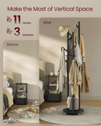 VASAGLE Freestanding Coat Rack Stand, Coat Tree with 11 Hooks, 3 Shelves, 4 Removable 360° Swivel Wheels, Wooden Hooks and Poles, for Entryway, Bedroom, Living Room, Ink Black URCR023B01