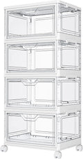 Kmiectse Clear Storage Bins with Lids - 4 Tier Plastic Bins with Wheels, Stackable Storage Bin, Closet Organizers Box for Bedroom, Living Room, 23 QT Folding Box with Magnetic Door