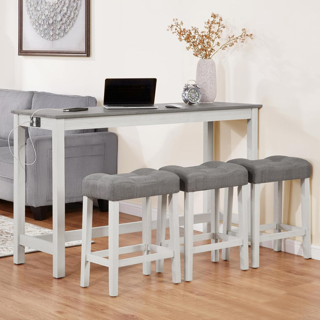 KEIKI 4-Piece Bar Table Set with Charging Ports, 59" Industrial Kitchen Table with 3 Upholstered Stools, Durable Wood Frame for Living or Dining Room, Gray & White