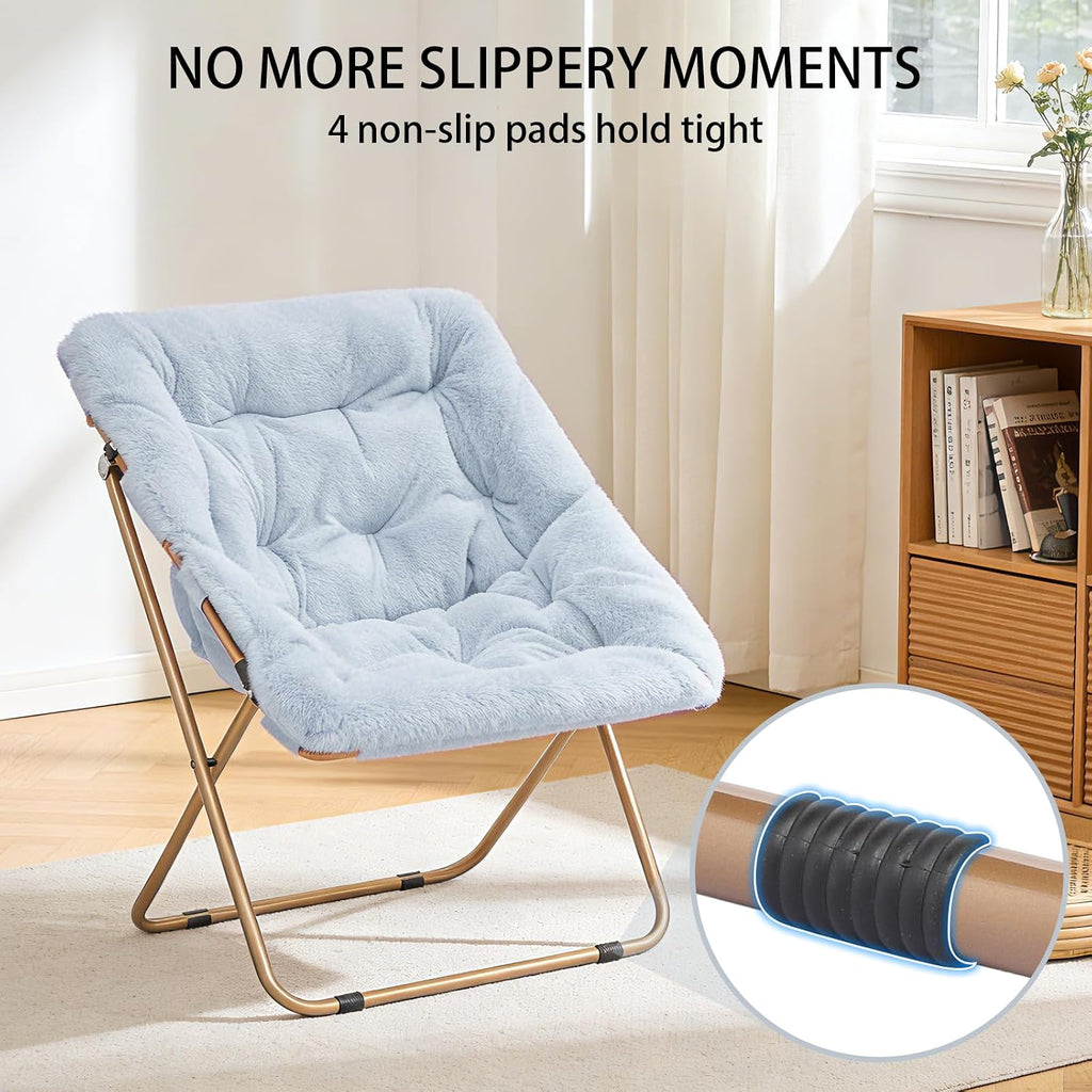 Magshion Oversized Folding Chair for Adults, Reading Chair with Ottoman, Faux Fur Fluffy Circle Accent Seat Comfy Living Room Lounge Chair for Bedroom Corner, Dorm, Apartment (Blue)