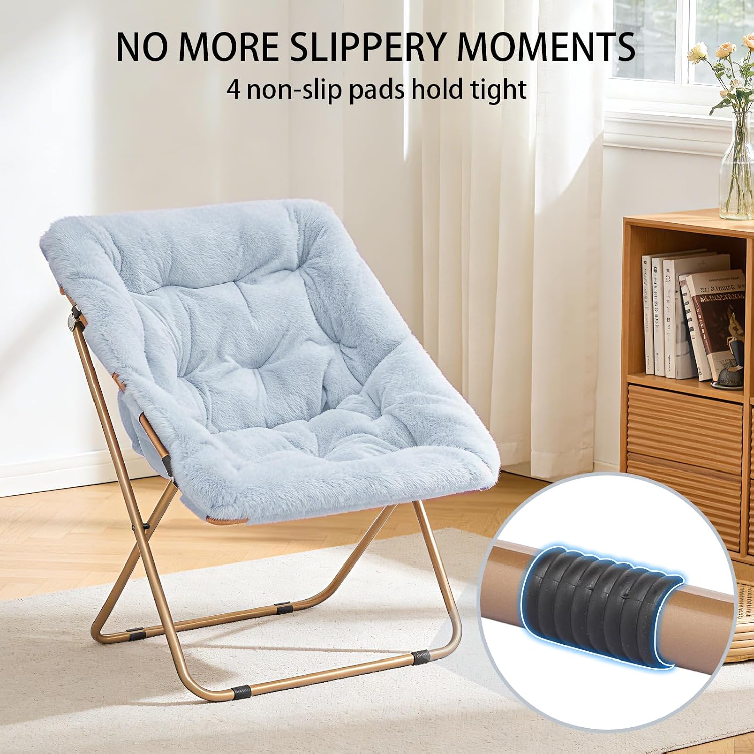 Magshion Oversized Folding Chair for Adults, Reading Chair with Ottoman, Faux Fur Fluffy Circle Accent Seat Comfy Living Room Lounge Chair for Bedroom Corner, Dorm, Apartment (Blue)
