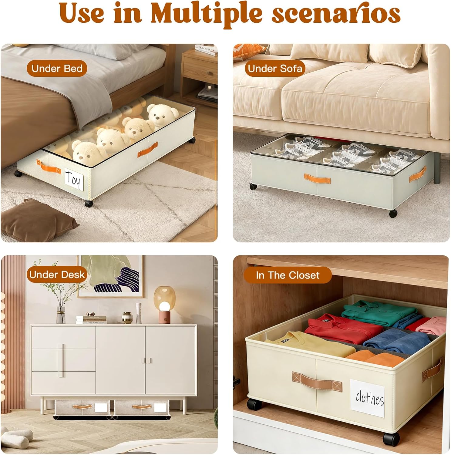 Under Bed Storage with Wheels, Rolling Storage Containers with Clear Lid and Handles for Clothes, Shoes, Blankets, Pillows, Toys, Books, Bags (60L, 30.9 x 16.9 x 6.7in, Beige, 2 Pack)