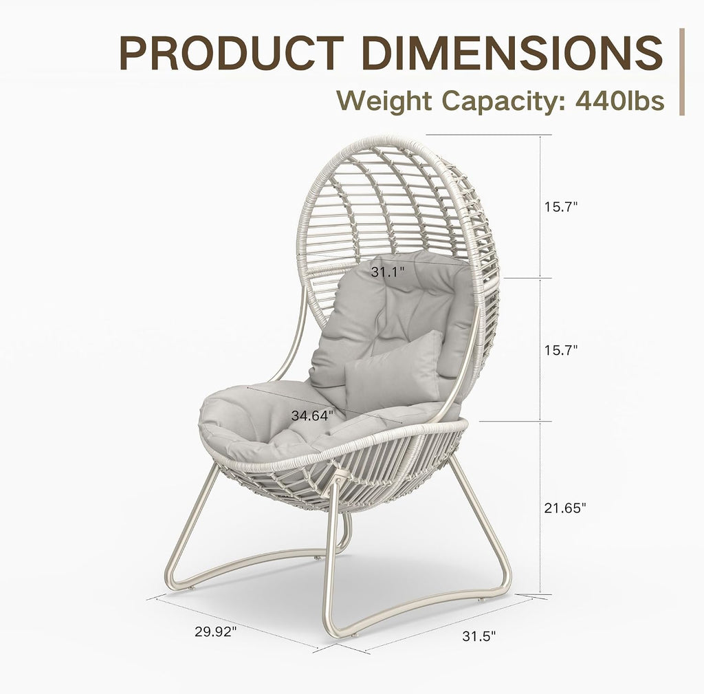 Kingdura Outdoor Wicker Egg Chair with Cushion, Oversized PE Rattan Chair, All-Weather Patio Lounge Chair for Balcony Porch Lawn & Indoor, 440LBS Capacity (Beige)