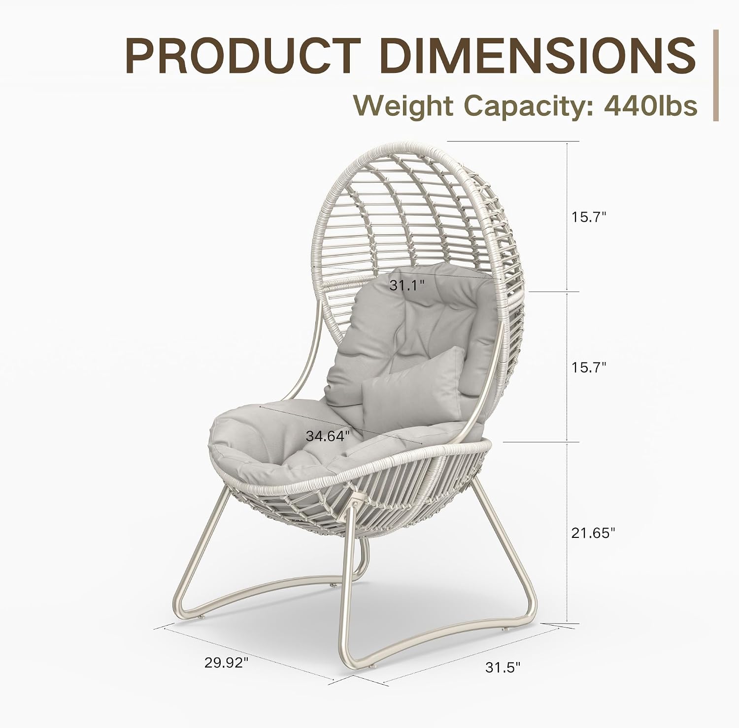 Kingdura Outdoor Wicker Egg Chair with Cushion, Oversized PE Rattan Chair, All-Weather Patio Lounge Chair for Balcony Porch Lawn & Indoor, 440LBS Capacity (Beige)