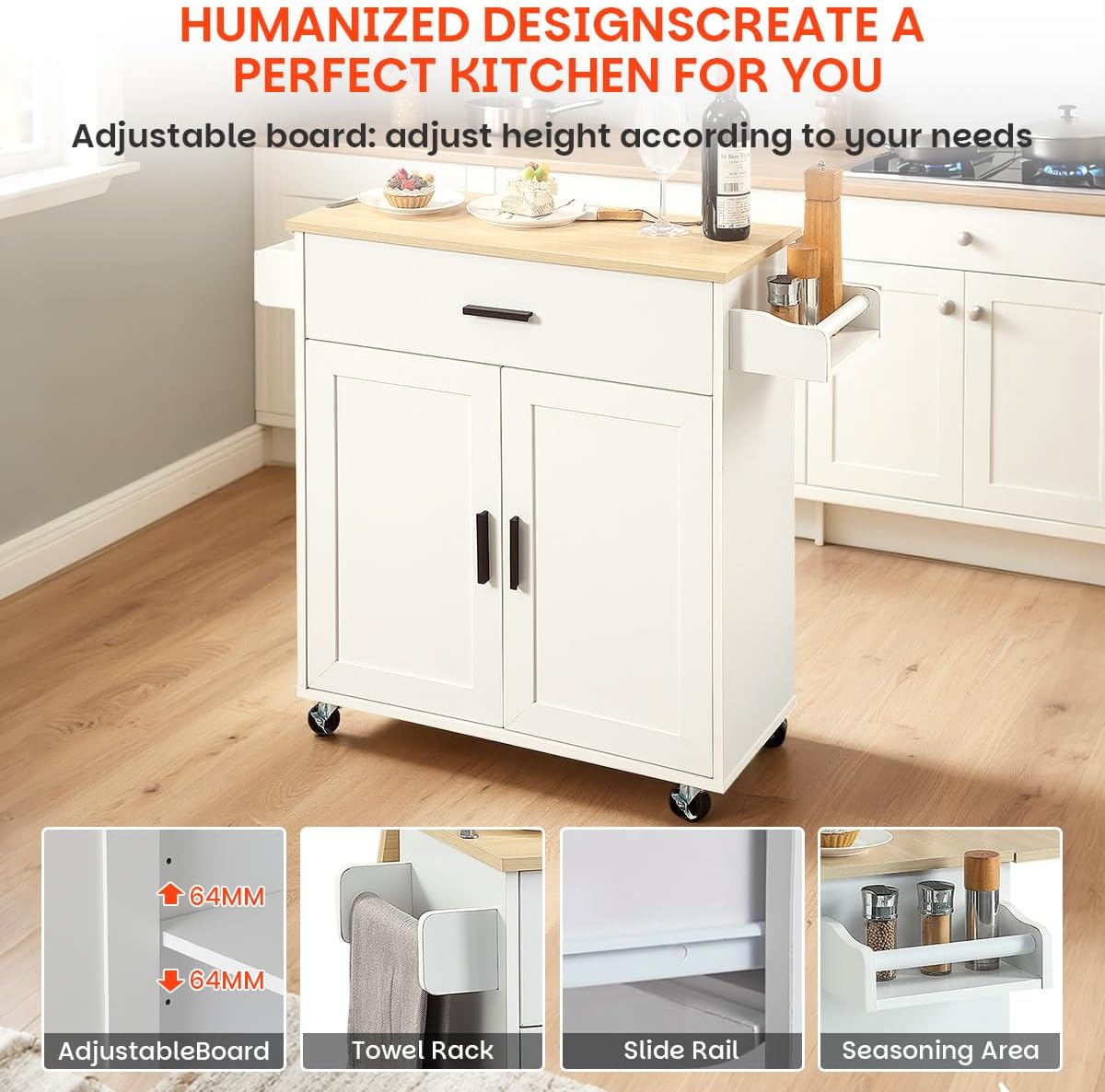 Kitchen Island with Storage, Rolling Kitchen Island on Wheels with Scalable,Open Spice Rack Shelf, Door Cabinet，Kitchen Cart Island Table for Kitchen, White