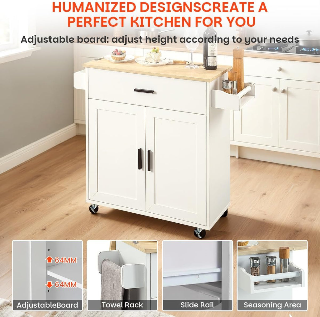 Kitchen Island with Storage, Rolling Kitchen Island on Wheels with Scalable,Open Spice Rack Shelf, Door Cabinet，Kitchen Cart Island Table for Kitchen, White