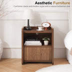 Night Stand with Charger Station - Modern Wood Nightstand with Drawer Storage, Fluted Wide Nightstands Bedside Table, Mid Century Night Stands for Bedroom Home Office Sofa, Walnut