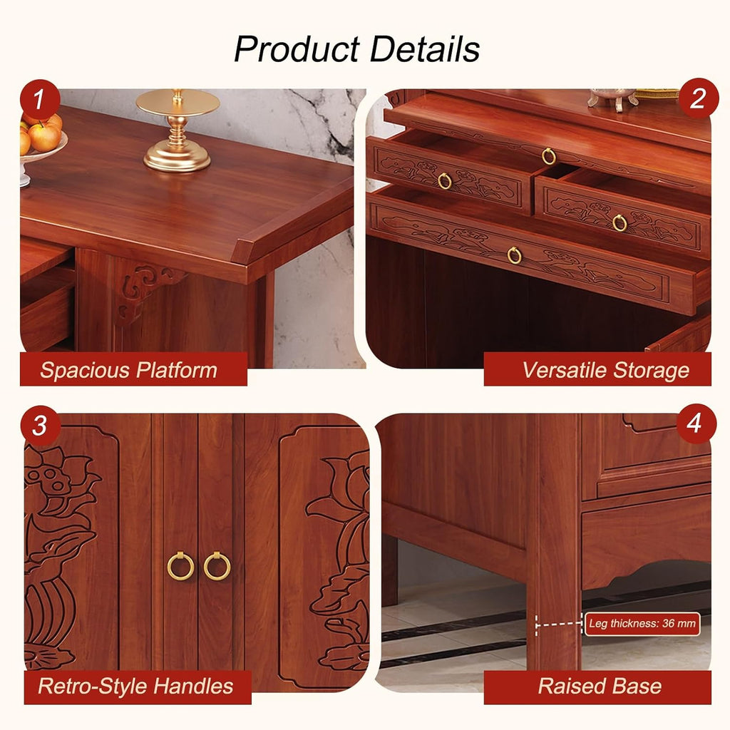Altar Table with Storage Drawers & Cabinets, Porch Tables with Pull-Out Storage Board, for Home Temple, Meditation Room, Living Room(88 * 48.8 * 108cm/34.6 * 19.2 * 42.5in)
