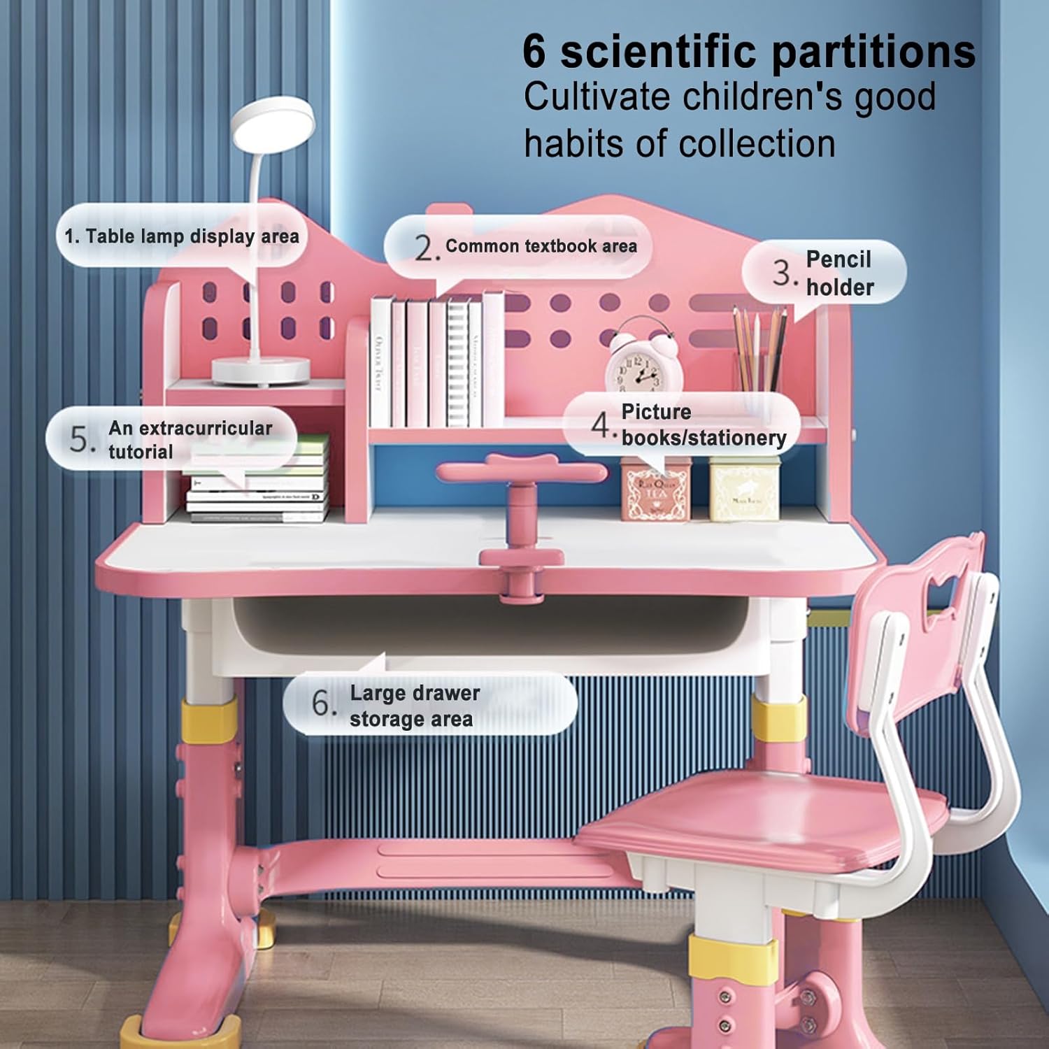 Kids Functional Desk and Chair Set, Height Adjustable Children School Study Desk with Storage Drawer for Boys Girls (Pink)