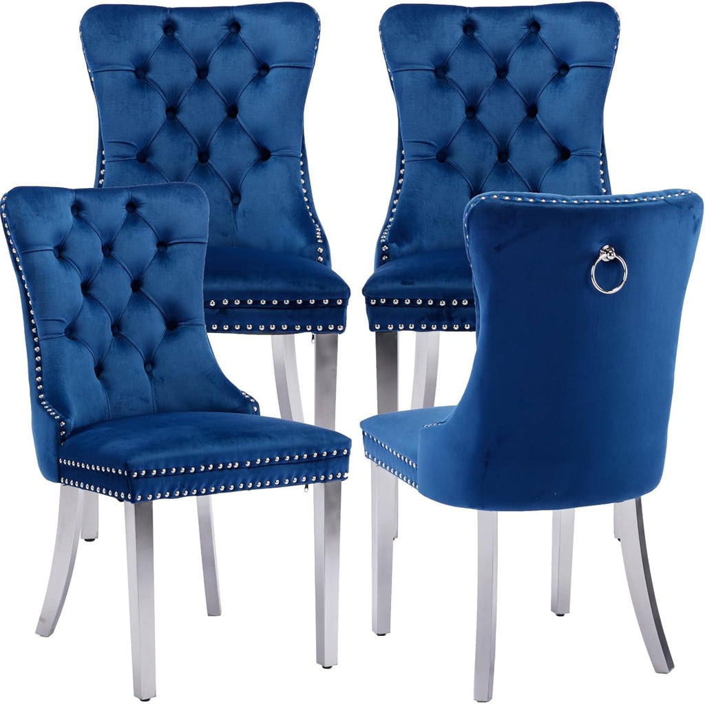 Mid Century Modern Dining Chairs Set of 4, Blue Velvet Upholstered Tufted Back, Kitchen & Dining Room Chairs, Brushed Silver Metal Legs, Nailhead Trim, Sillas para Comedor (Blue, 4 Pcs)