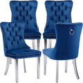 Mid Century Modern Dining Chairs Set of 4, Blue Velvet Upholstered Tufted Back, Kitchen & Dining Room Chairs, Brushed Silver Metal Legs, Nailhead Trim, Sillas para Comedor (Blue, 4 Pcs)
