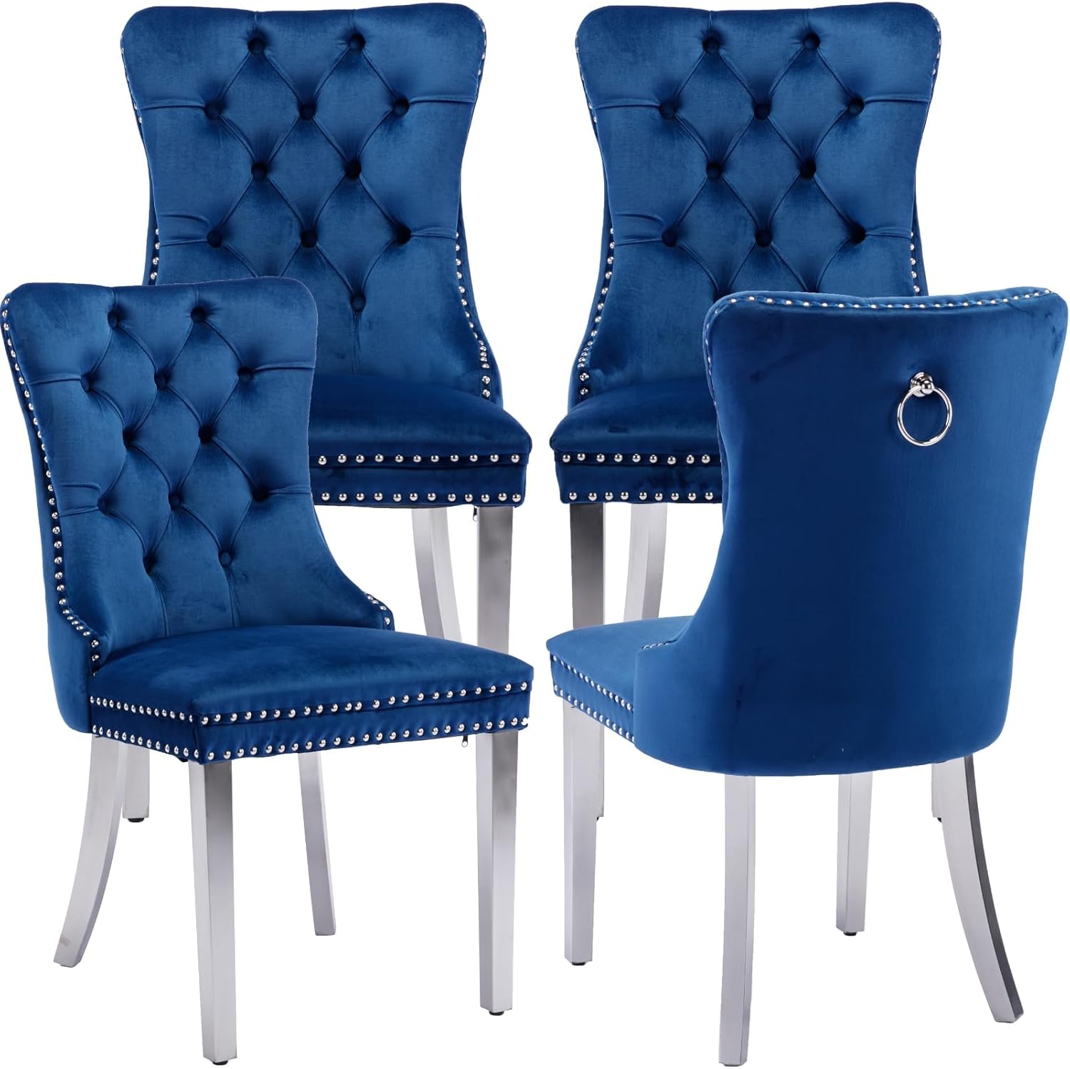 Mid Century Modern Dining Chairs Set of 4, Blue Velvet Upholstered Tufted Back, Kitchen & Dining Room Chairs, Brushed Silver Metal Legs, Nailhead Trim, Sillas para Comedor (Blue, 4 Pcs)
