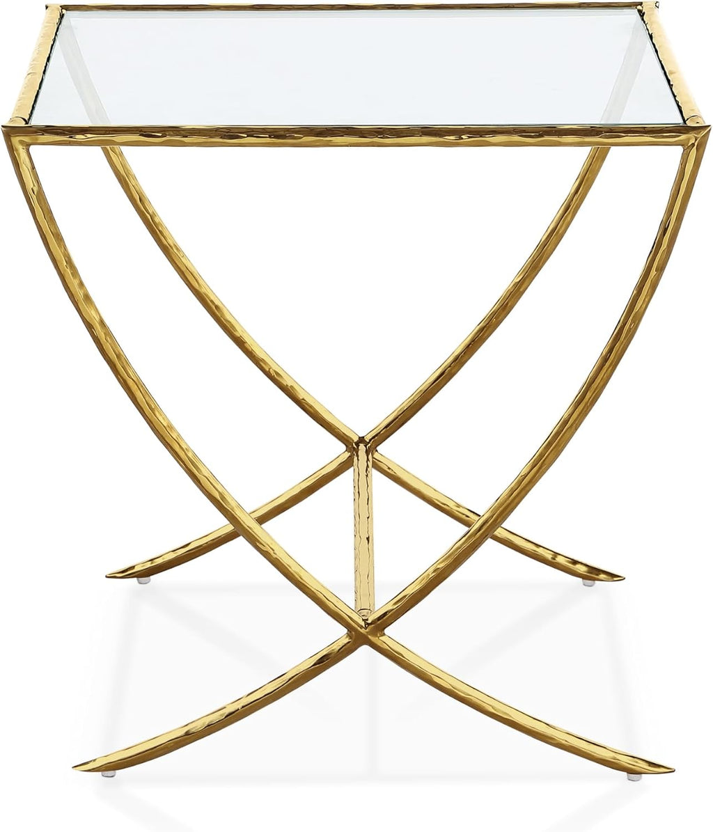 Furniture of America Zayen Glam 22-inch Metal Side Table with Tempered Glass Tabletop and Curved Base, Hammered Stainless Steel Frame for Bedroom, Living Room, Home Office, Gold
