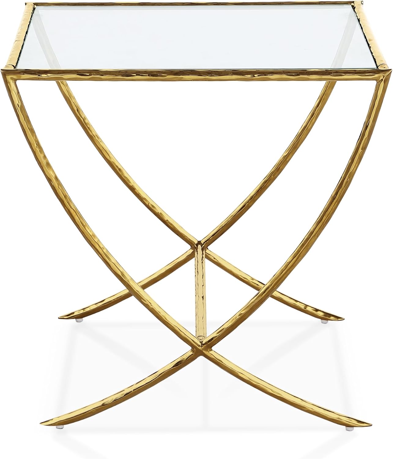Furniture of America Zayen Glam 22-inch Metal Side Table with Tempered Glass Tabletop and Curved Base, Hammered Stainless Steel Frame for Bedroom, Living Room, Home Office, Gold