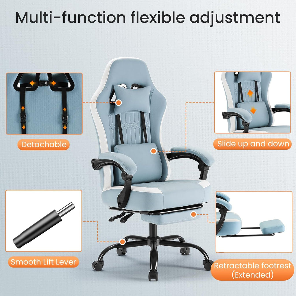 Sweetcrispy Video Game Chair: High Back Ergonomic Computer Desk Chair with Footrest & Lumbar Support, Height Adjustable with Linkage Armrests and Headrest, 360° Swivel Wheels, Blue