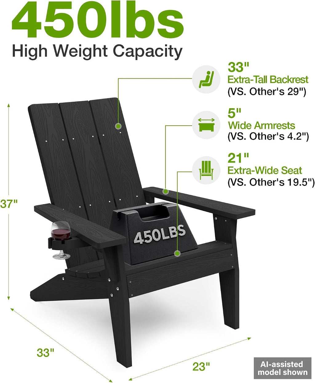 MXIMU Adirondack Chairs Set of 4 Outdoor: 450lb Capacity&33in Tall Backrest Oversized Modern Adirondack Chairs - Comfortable All-Weather Fire Pit Chair - Easy Assembly True Wood Grain Lawn Chair