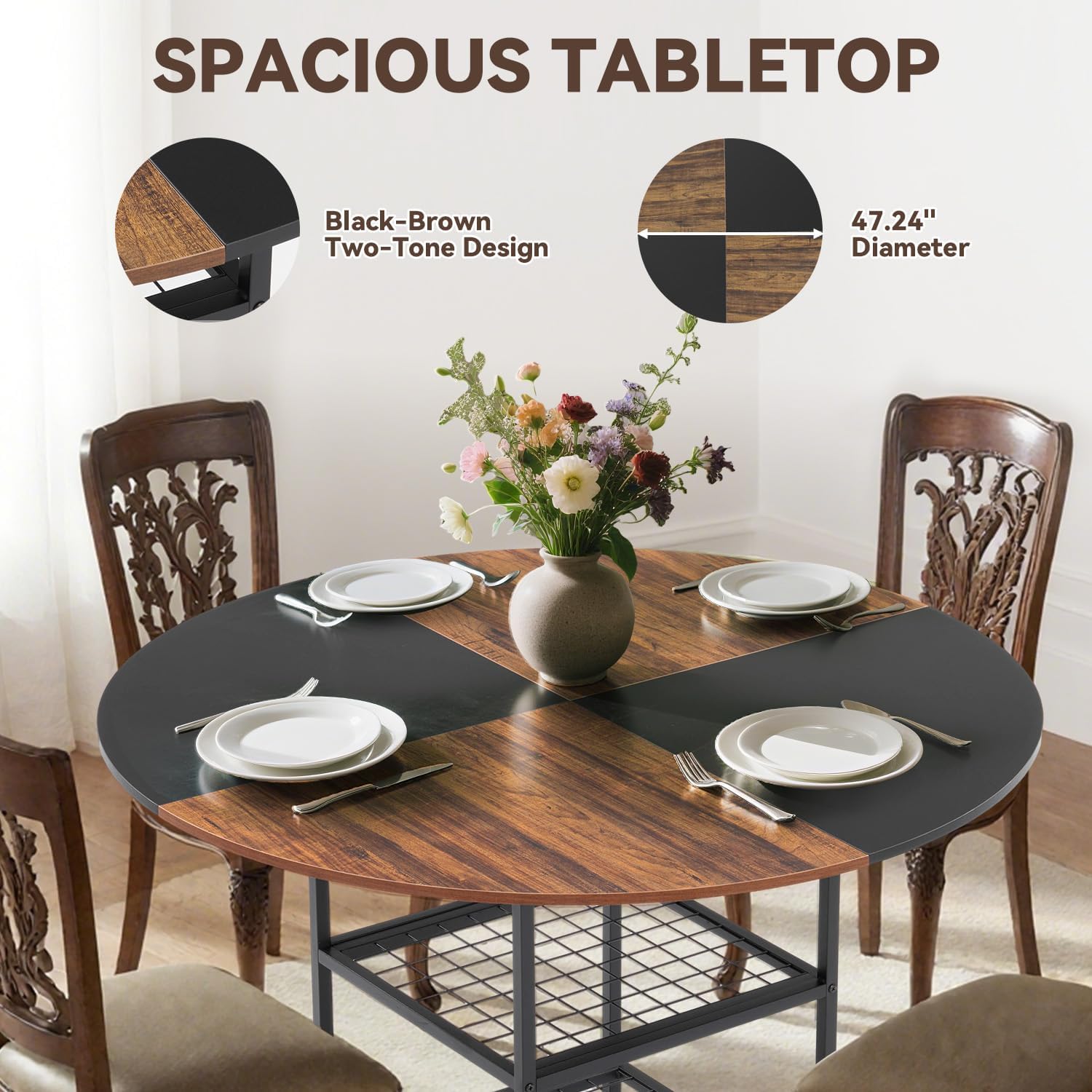 EROMMY Round Dining Table for 4, Wood Kitchen Table with Storage Shelves, Farmhouse Dinner Table for Home Dining Room Kitchen Living Room, Black Rustic Brown(Only Table)