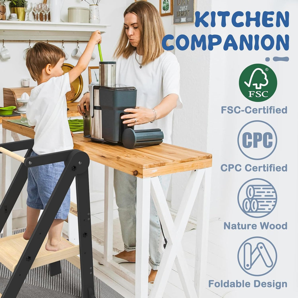 Foldable Toddler Kitchen Stool Helper, Toddler Standing Tower with 3 Adjustable Heights, Collapsible Wooden Step Stool for Kitchen & Bathroom, Montessori Learning Helper Tower for Toddlers Aged 1-6