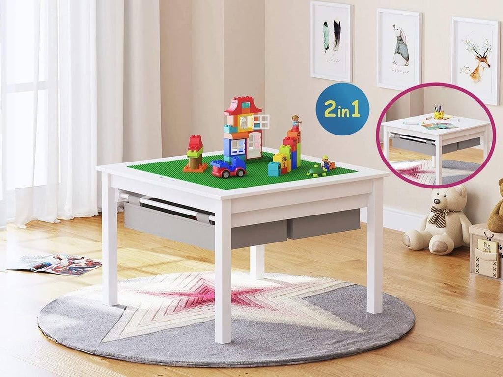 UTEX Wooden 2 in 1 Kids Construction Activity Table and 2 Chairs Set with Storage Drawers, and Built in Plate Compatible with Lego and Duplo Bricks (White with Grey Drawers)