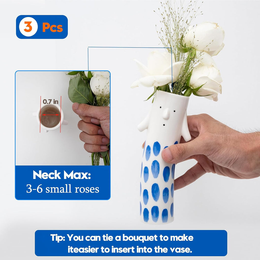 MOUGIGI Cute Family Face Vases Set of 3 - Unique Ceramic Bud Vases for Small Flower - Fun Modern Aesthetic Decor for Home - Pretty Decorative Flower Holder for Women and Kids for Spring