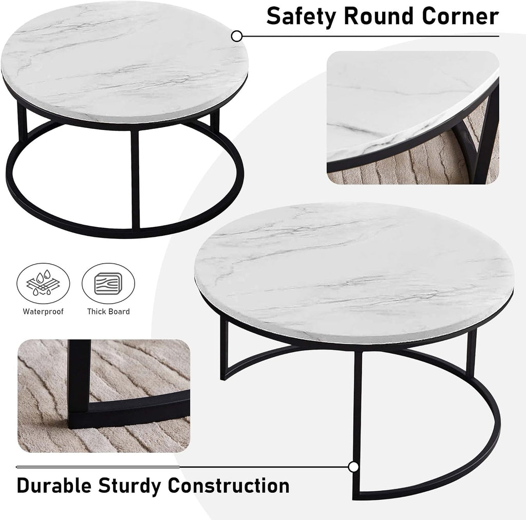 Nesting Coffee Tables Set of 2, 31.5" Round Coffee Table for Living Room, Marble Pattern Wooden Tabletop Black Sturdy Metal Frame Tables, Modern Bedroom Simple Nightstand Balcony Yard