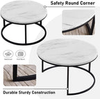 Nesting Coffee Tables Set of 2, 31.5" Round Coffee Table for Living Room, Marble Pattern Wooden Tabletop Black Sturdy Metal Frame Tables, Modern Bedroom Simple Nightstand Balcony Yard